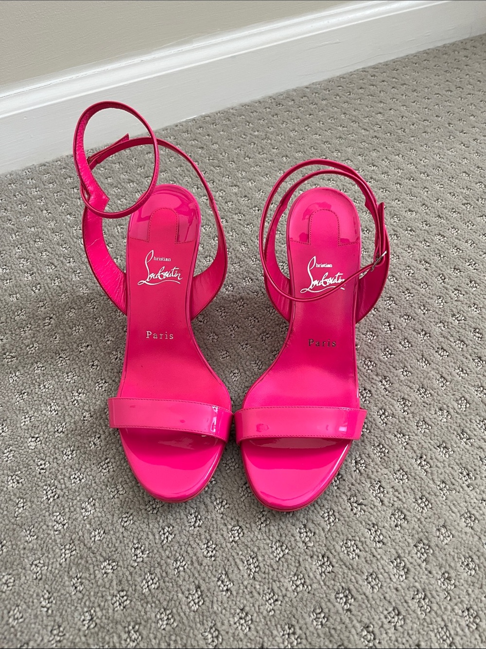 Christian Louboutin Hot Pink Patent Leather Ankle-Strap wedges size 38.5 Sandals